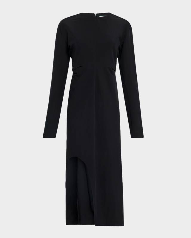 Keyhole Slit Ruched Long-Sleeve Midi Dress